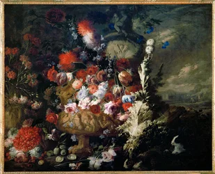 Vaso com flores e frutos numa paisagem - Vase de fleurs et fruits dans un paysage ...