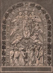 Assunção da Virgem, por Oficina de Andrea della Robbia (1435-1525 ou 1528), Pinacoteca di Citta di Castello, Umbria, Itália, xilogravura de Le cento citta d