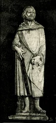 Juliano o Hospitaleiro, estátua de Andrea Della Robbia (1435-1525 ou 1528), oratório da Madonna del Buon Consiglio, Prato, Toscana, Itália, xilogravura de Le cento citta d