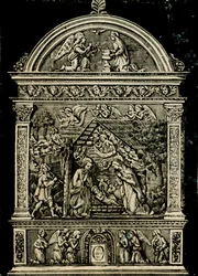 Natividade, retábulo em terracota de Andrea della Robbia, da igreja de Santa Clara, Museu Cívico de Sansepolcro, Toscana, Itália, xilogravura de Le cento citta d