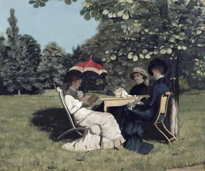 Mulheres ao redor da mesa de jardim