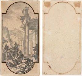 Figuras próximas às ruínas de um templo coríntio (reto); Fragmento de um Arco (traçado do reto) (verso)
