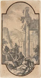 Figuras perto das ruínas de um templo de Corinto reto, fragmento de um arco traçado de reto