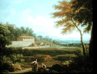 Paisagem com figuras em repouso com uma cidade além (óleo sobre tela)