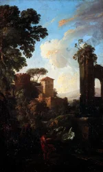 Paisagem com ruínas e pintor, de Andrea Locatelli (1695-1741), óleo sobre tela, 41x25 cm.