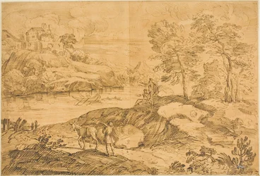 Paisagem fluvial com homem e burro, banhistas