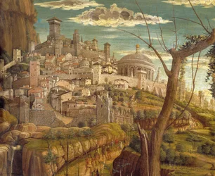 Agonia no Jardim por Andrea Mantegna (1431-1506), tempera sobre madeira, 71x94 cm, vista detalhada de Jerusalém