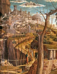 Agonia no Jardim por Andrea Mantegna (1431-1506), tempera sobre madeira, 71x94 cm, vista detalhada de Jerusalém