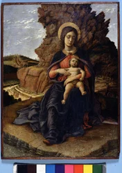 Andrea Mantegna, A "Virgem das Pedreiras": Virgem e Criança e nas pedreiras de pedra de fundo com trabalhadores a trabalhar, Galeria Uffizi, Florença