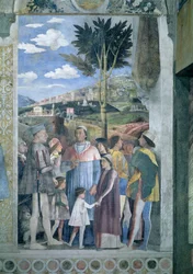 Chegada do cardeal Francesco Gonzaga, cumprimentado por seu pai Marchese Ludovico Gonzaga III reinou 1444-78 e seus irmãos, da Câmara degli Sposi ou Camera Picta, detalhe afresco 1465-74 de 78449