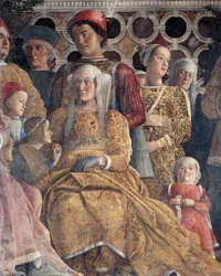 Bárbara de Brandenburgo com sua filha Paula e Rodolfo Gonzaga, detalhe da Court Wall, de Andrea Mantegna (1431-1506), fresco, Castelo de San Giorgio, Câmara de Casamento ou Camera Picta, Mântua