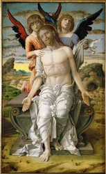 Cristo como Redentor sofredor, sentado num sarcófago, apoiado por dois anjos (pintura sobre tela)