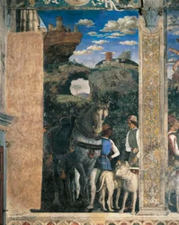 Cavalo, mastiffs e noivos do Conde Ludovico Gonzaga, detalhe de Meeting Wall, de Andrea Mantegna (1431-1606), fresco, Castelo de San Giorgio, Câmara de Casamento ou Câmara Picta, Mântua,1465-1474