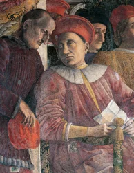 Ludovico Gonzaga e o conselheiro Marsilio Andreasi, detalhe de Court Wall de Andrea Mantegna (1431-1606), fresco, Castelo de San Giorgio, Câmara de Casamento ou Camera Picta, Mântua