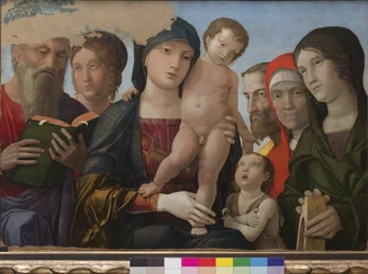 Madonna and Child, São João, Santa Catarina de Alexandria e outros santos, 1480-88