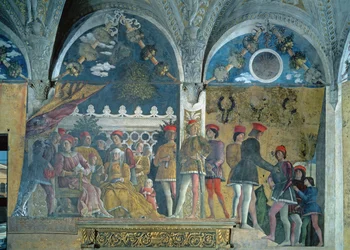 O marquês Ludovico Gonzaga III, sua esposa Barbara de Brandemburgo, seus filhos, cortesãos e seu cão Rubino, da Camera degli Sposi ou Camera Picta, 1465-74