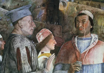 O marxista Ludovico Gonzaga III de Mântua reinou em 1444-78 cumprimentando seu filho Cardeal Francesco Gonzaga, da Camera degli Sposi ou Camera Picta, detalhe afresco 1465-74 de 78449