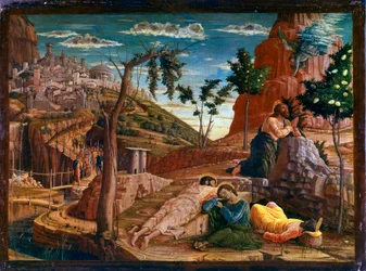 Oração no Jardim das Oliveiras. Depois da última ceia, Cristo vai com os Apóstolos à colina de Getsémani, que domina Jerusalém. Soldados romanos aproximam-se para o prender. Retábulo de San Zeno de Verona.