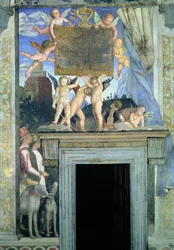 Putti com asas de borboleta que sustentam a placa dedicatória, com cães de caça e os seus tratadores em baixo, da Camera degli Sposi ou Camera Picta, 1465-74 (pormenor de 78449)