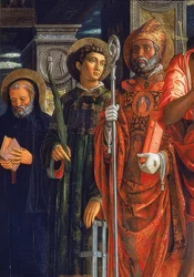 Altar de San Zeno. Detalhe do lado direito. 1457-1460. O detalhe mostra Agostinho de Hipona, Laurêncio de Roma e Bento de Nursia
