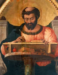 São Lucas na sua mesa, detalhe do retábulo de São Lucas de Andrea Mantegna (1431-1506), tempera sobre madeira