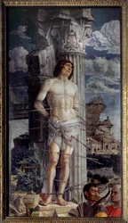 O martírio de São Sebastião. Pintura de Andrea Mantegna (1431-1506), 1480. Dimensões 2,55 x 1,4 m