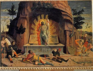 O fragmento de ressurreição da predela do retábulo da igreja de San Zeno em Verona de Andrea Mantegna (1431-1506). 1457. Dim 0,71 x 0,94 m. Passeios ao Museu de Belas Artes