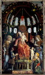 Virgem da Vitória (Pala della Vittoria) (Madonna della Vittoria). A Virgem Maria é representada: São Miguel, São Jorge, São Longín e São André. O patrono do quadro, o Marquês de Mântua, François II de Gonzague (Francesco II Gonzaga) (
