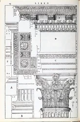 Detalhes decorativos do Tempio de Trajano, ilustração de uma cópia fac-símile de &39;I Quattro Libri dell&39;Architettura&39; escrita por Palladio, publicada originalmente em 1570
