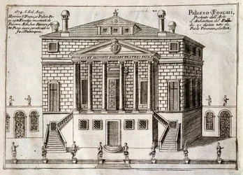 Fachada principal da Villa Foscari, conhecida como La Malcontenta, Mira, projectada por Andrea Palladio (1508-1580), gravura de Ao longo do Canal de Brenta, quase um bairro da cidade de Veneza, por Vincenzo Coronelli (1650-1718), Veneza