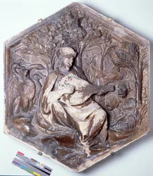 Poesia, azulejo decorativo em relevo hexagonal de uma série que retrata as Sete Artes Liberais, possivelmente baseado em desenhos de Giotto (c.1266-1337) c.1334-48 (mármore)