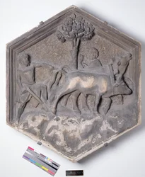 A arte da agricultura, telha de relevo decorativo hexagonal de uma série que descreve os praticantes das artes e Ciências, possivelmente com base em projetos de Giotto (c.1266-1337) c.1334-1348 (mármore)