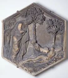 A criação de Eva, azulejo de relevo decorativo hexagonal de uma série que ilustra episódios de Gênesis, possivelmente baseado em desenhos de Giotto (c.1266-1337) c.1334-48 (mármore)