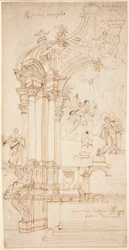 Um baldaquino com uma pintura da Anunciação, c.1708 ou posterior (desenho a pena e tinta)