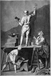 Preparação do reboco para uma pintura a fresco (affresco). Desenho de Chevignard de Andrea Pozzo.