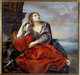 Dido, rainha de Cartago, abandonada por Eneias. Aponta a espada ao ventre como sinal de desespero. Pintura de Andrea Sacchi (1599-1661), 1635. Sol. 1,4x1,48 m. Caen, Museu de Belas-Artes