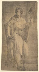Um santo, possivelmente Mateus, segurando um bordão e um livro, cerca de 1540-50.