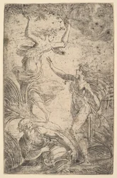 Apolo à direita segurando um arco atrás de Daphne à esquerda, ca. 1538-40.