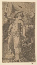 Judith com a espada levantada na mão direita e colocando a cabeça de Holofernes em ..., ca. 1540-45.