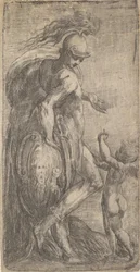 Marte parado à esquerda apoiado em um escudo, Cupido à direita, ca. 1542-46.