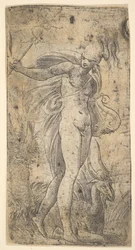 Mercúrio em pé segurando um cadecus na mão direita, uma lira na esquerda, ca. 1536-40.