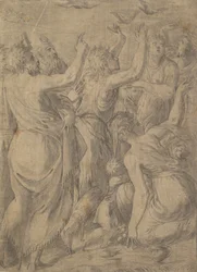 Moisés mostrando às codornas aos israelitas o milagre das codornas e do maná, ca. 1545