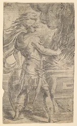 Mutius Scaevola colocando a mão nas chamas deixou metade de uma composição, cuja direita ..., ca. 1540