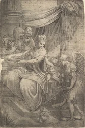 A Sagrada Família, um anjo segurando flores se aproximando da direita, ca. 1550-53.