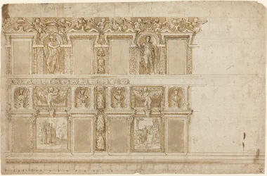 Uma parede palaciana ornamentada com esculturas e pinturas