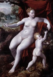 Pintura Venus e Cupido de Andrea Semino (1526-1594) 1577 Genes, Musei di Strada Nuova (ex Palazzo Bianco)