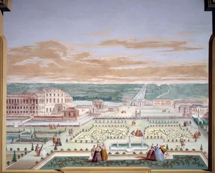 Desenho de perspectiva de uma vila e jardim imaginário, afresco de Andrea Urbani (1711-1798) na Villa Pisani, Stra, Veneto. Itália