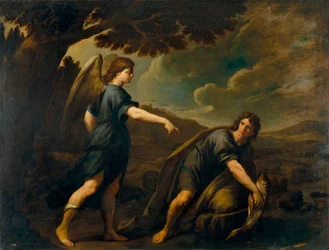 O Anjo e Tobias com o Peixe - Pintura de Andrea Vaccaro (1604-1670), óleo sobre tela (199,5x262 cm), cerca de 1640, arte italiana