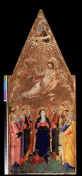 ""A Ascensão de Cristo"" Abaixo, a Virgem Maria e os apóstolos observando Jesus Cristo. Acima, representação do profeta Jeremias. Têmpera sobre madeira de Andrea Vanni (1332-1414) 1355-1360 Dim. 68x28 cm Museu Hermitage, São Petersburgo (São Pedro