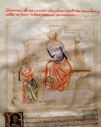 Allegorie de la Geometrie in "Chansonne des sept Vertus et des sept Arts liberales destinee a Bruzio Visconti" (La Canzone delle Virtu e delle Scienze) de Bartolomeo di Bartoli. Aguarela de Andrea di Bartoli (activa entre 1358 e 1368) (ms. 599, fo